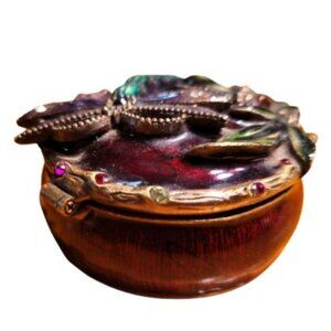 Vtg Pewter Dragonfly Trinket/Jewelry Box, Hand-Painted Enamel & Crystal Accents